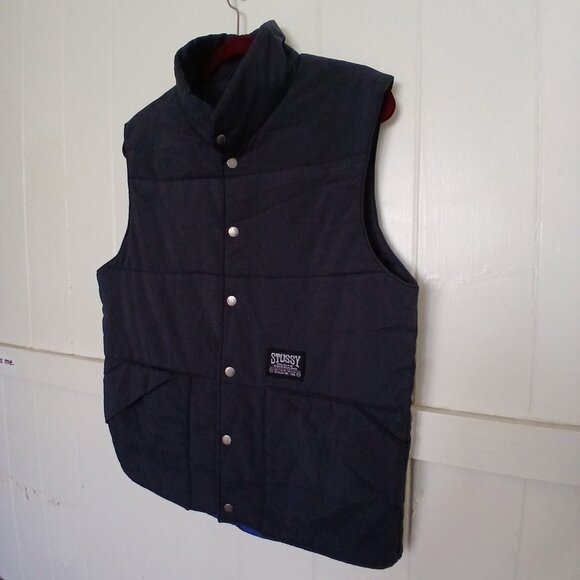 Vintage Stussy Burly Gear Vest Mens Small Snap Button Navy Blue 90s Work Jacket - Picture 3 of 16